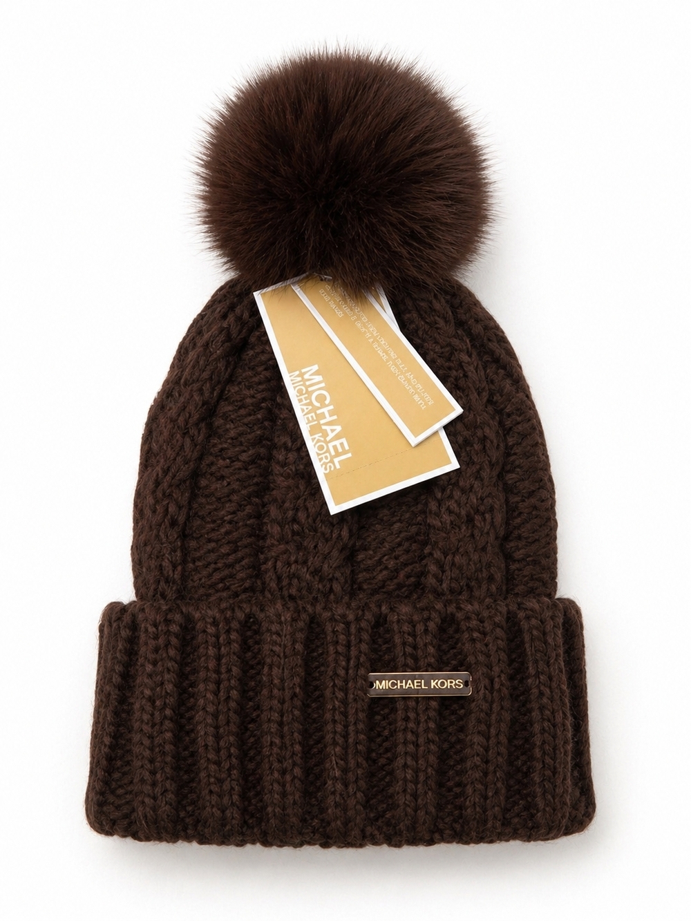 🆕Michael Kors Brown Cable Knit Pom Pom Beanie Hat Faux Fur Lined Winter Cap NWT